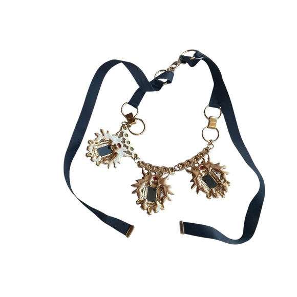 Signed Banana Republic Multi Color Rhinestone Gold Tone and Ribbon Necklace - Picture 7 of 8